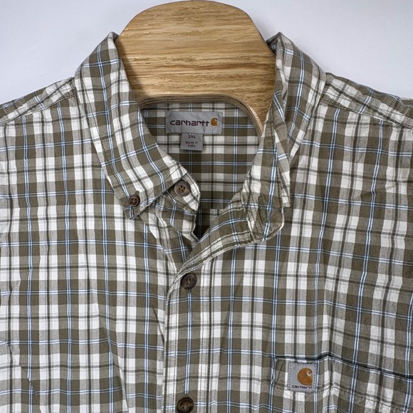 Carhartt Other - Carhartt Men's Tan‎ & Blue Plaid Short Sleeve Relaxed Fit Button Down Sz 2XL